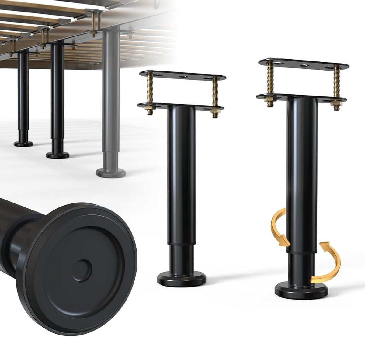 Bedframe steunpoot - Bedbodem versterking - Bed stabiliseren - Verstelbare hoogte - 2 stuks - Zwart