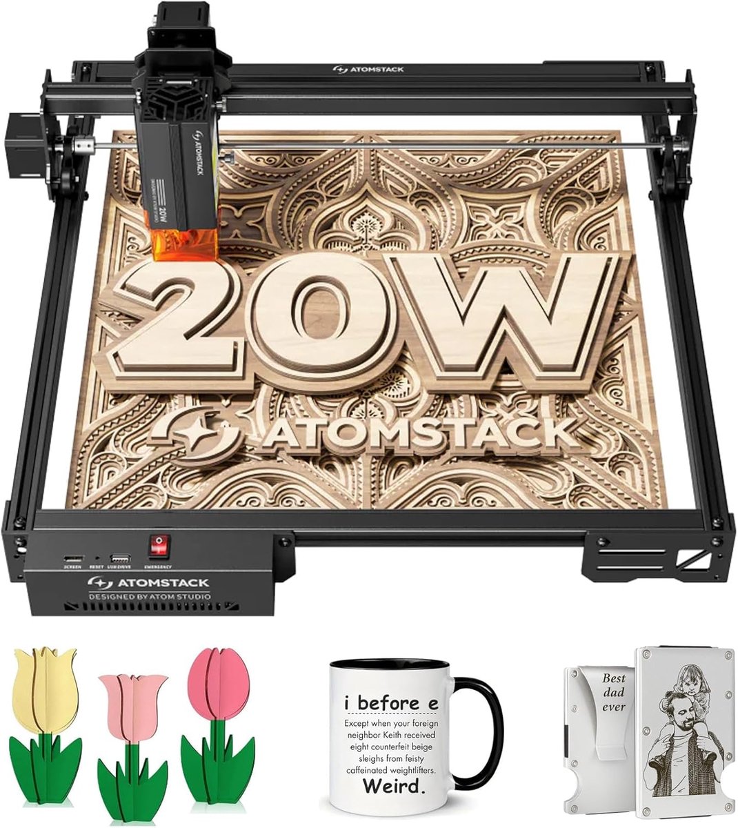 ATOMSTACK A20 PRO V2 20W Lasergraveermachine & Lasersnijder – 400 × 400 mm, App-bediening, Hervatten na Stroomuitval, voor Hout, Metaal, Donker Acryl, Leer, Glas & Gepersonaliseerde Cadeaus