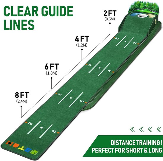 Golf Putting Mat - Oefenmat Golf - Golfvaardigheden Verbeteren - Met Bunker en Waterhindernis - 9 voet lang - Groen van GOLF — afbeelding 4
