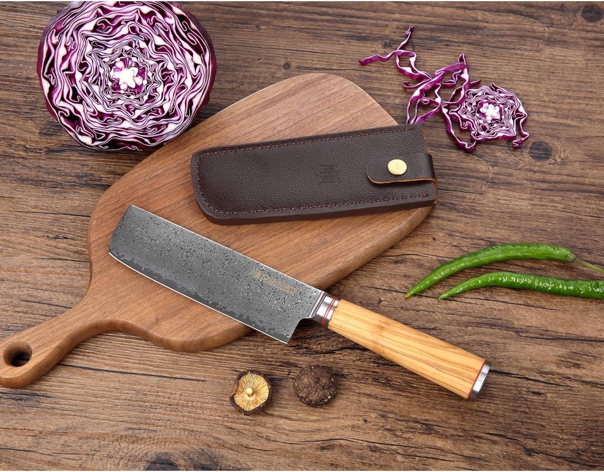 SnelShoppen - Professioneel Nakiri Mes 17 cm - Damast Staal, Zwart Gesmeed, Extra Scherp, Olijfhouten Handvat voor Koken en Culinaire Creaties