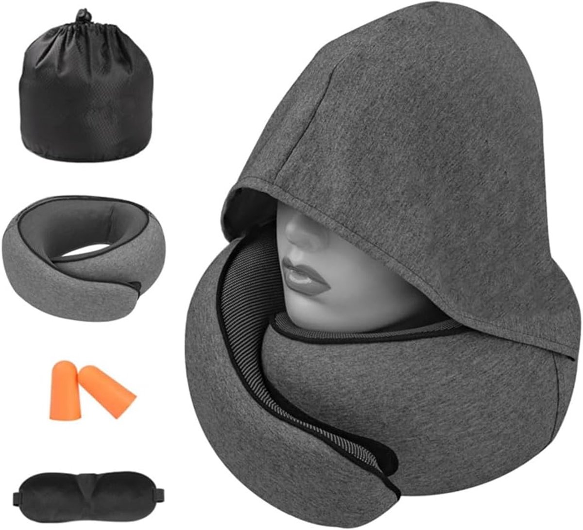 SnelShoppen - Verstelbare Neck Pillow Vliegtuig Auto Memory Foam Reispil met Kap, Oordopjes, Oogmasker en Draagtas voor Volwassenen