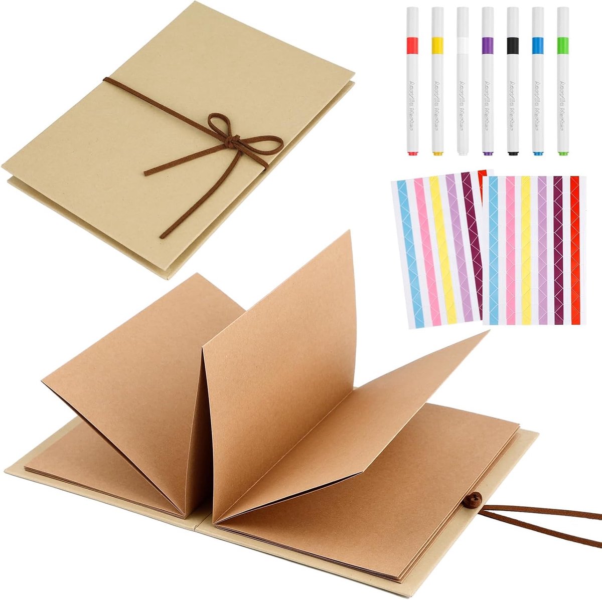 SnelShoppen - 15 x 20 cm Fotoalbum Leporello Bruin - Scrapbook Set met 34 Pagina's, 12 Kleurpotloden & Fotohoeken voor Bruiloft, Verjaardag, Reizen
