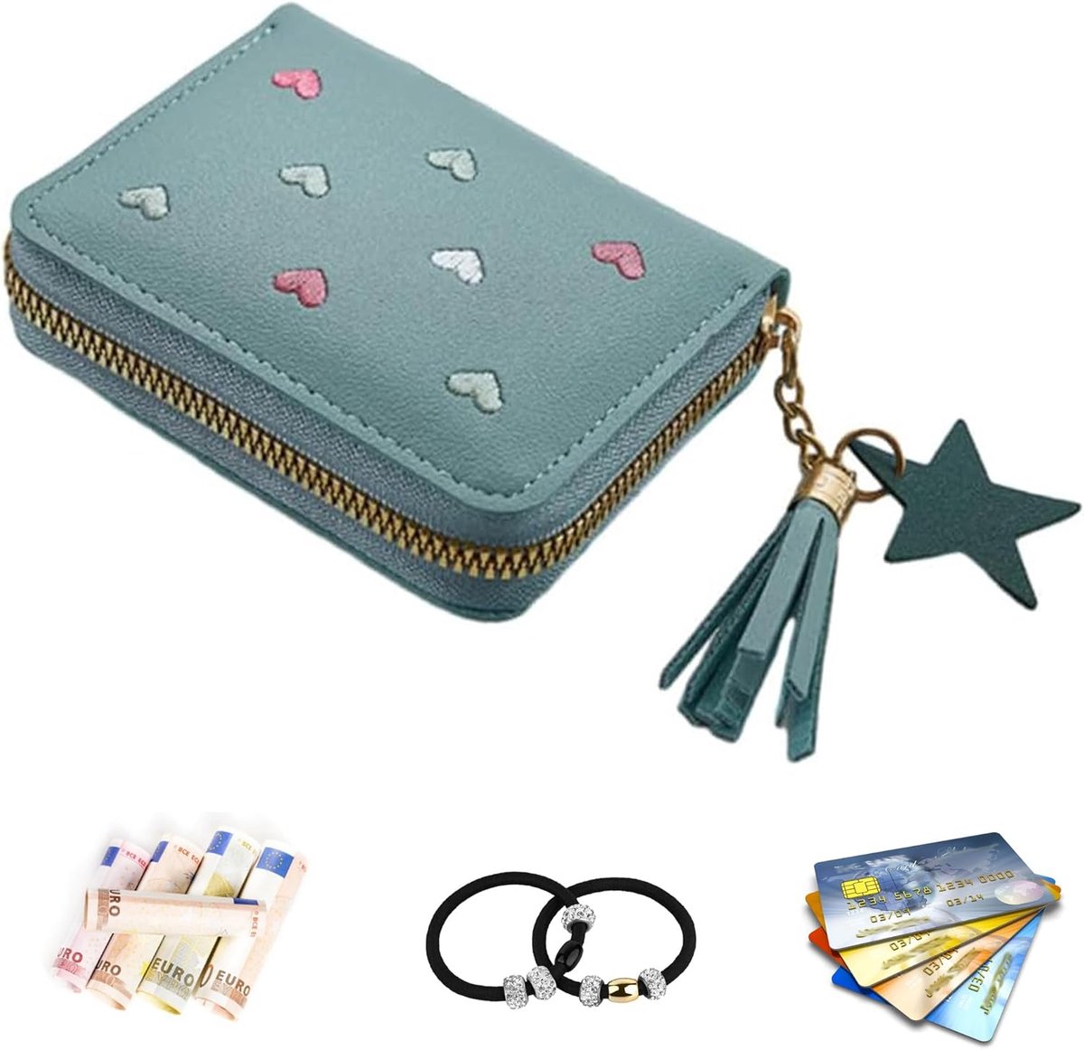 SnelShoppen - Dames Kleine Portemonnee met Schattige Hart Borduring - PU Leren Wallet voor 4 Kaarten - Waterdicht en Elegant - Blauwe Zipper Purse voo