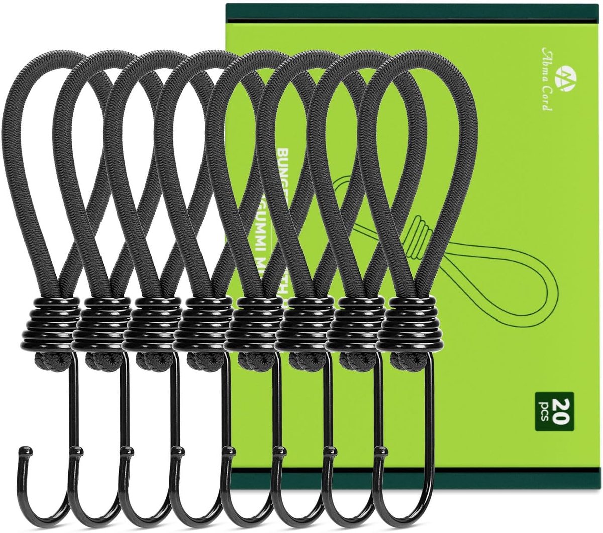 SnelShoppen - 20 Stuks 15cm Rubber Tensioners met Haak - Tarpaulin Tensioners voor Tenten, Banners, Netten, Camping - UV Bestendige Zwarte Elastische
