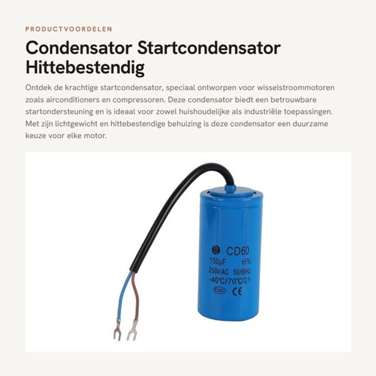 Startcondensator 150 uF - CD60-loopcondensator - 250 V AC - Hittebestendig - Lichtgewicht - Voor motorluchtcompressor - Condensator
