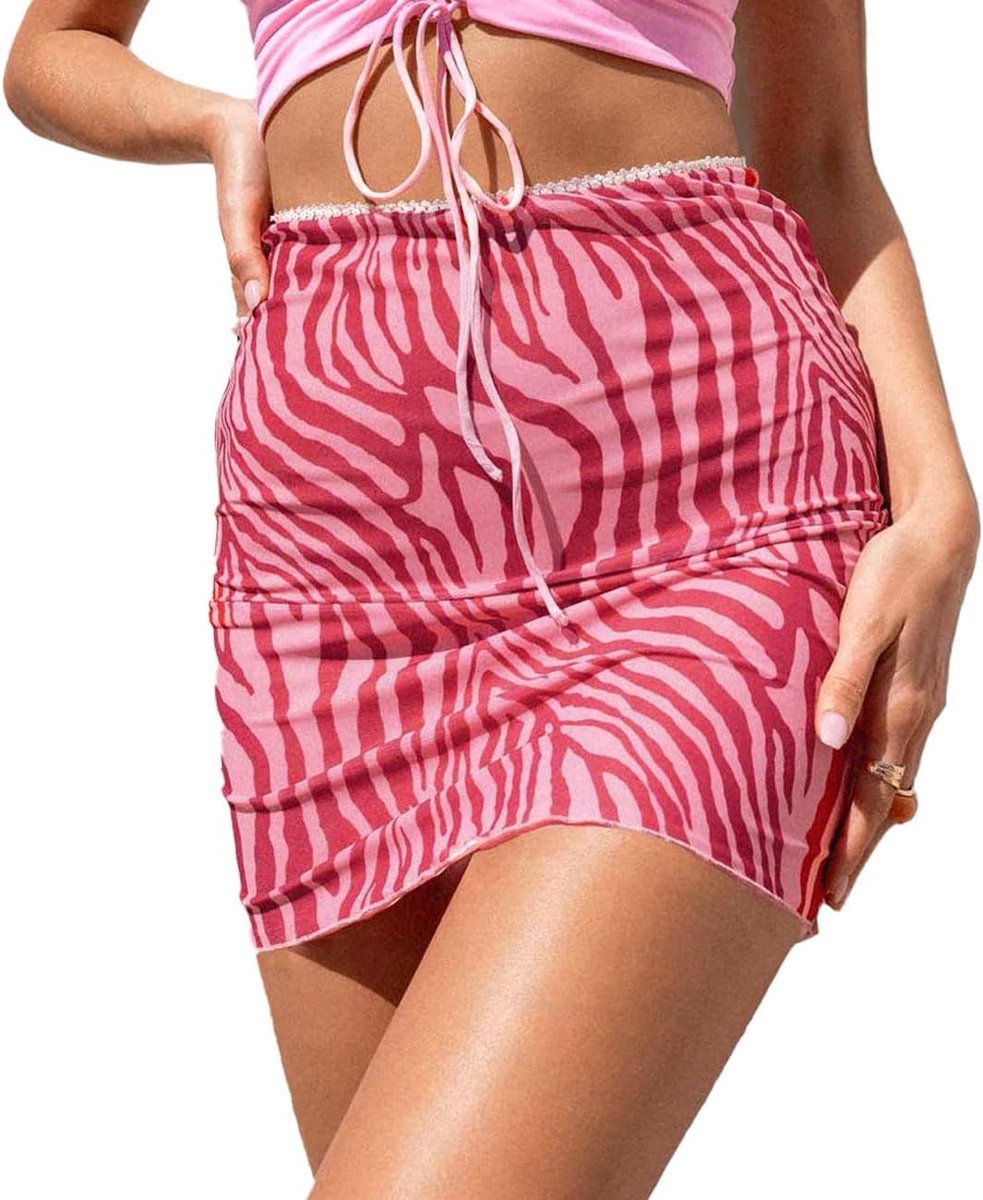 Gedessineerde Mesh Rok voor Dames - Sexy Hoge Taille Mini Skater Rok met Dubbele Laag en Elastische Taille voor Feest en Zomer, Kleur: Roze, Maten S-L