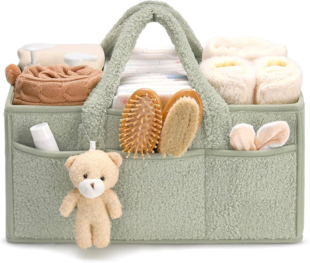 Draagbare luiermand met afneembare vakken, pluche organizer voor luiers, vochtige doekjes en babybenodigdheden (groen)