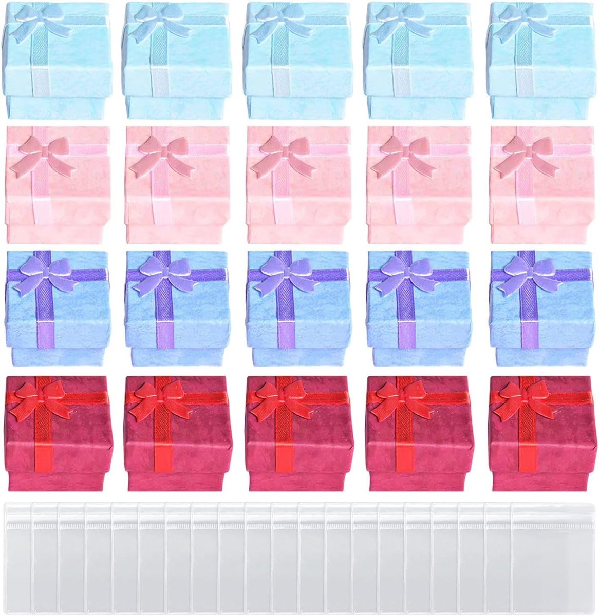 SnelShoppen - 20 Stuks Ringdoosjes en Sieraden Tassen, 4x4 cm Geschenkdozen in Blauw, Roze, Paars en Rood, Perfect voor Kerst en Feestelijke Verpakkin