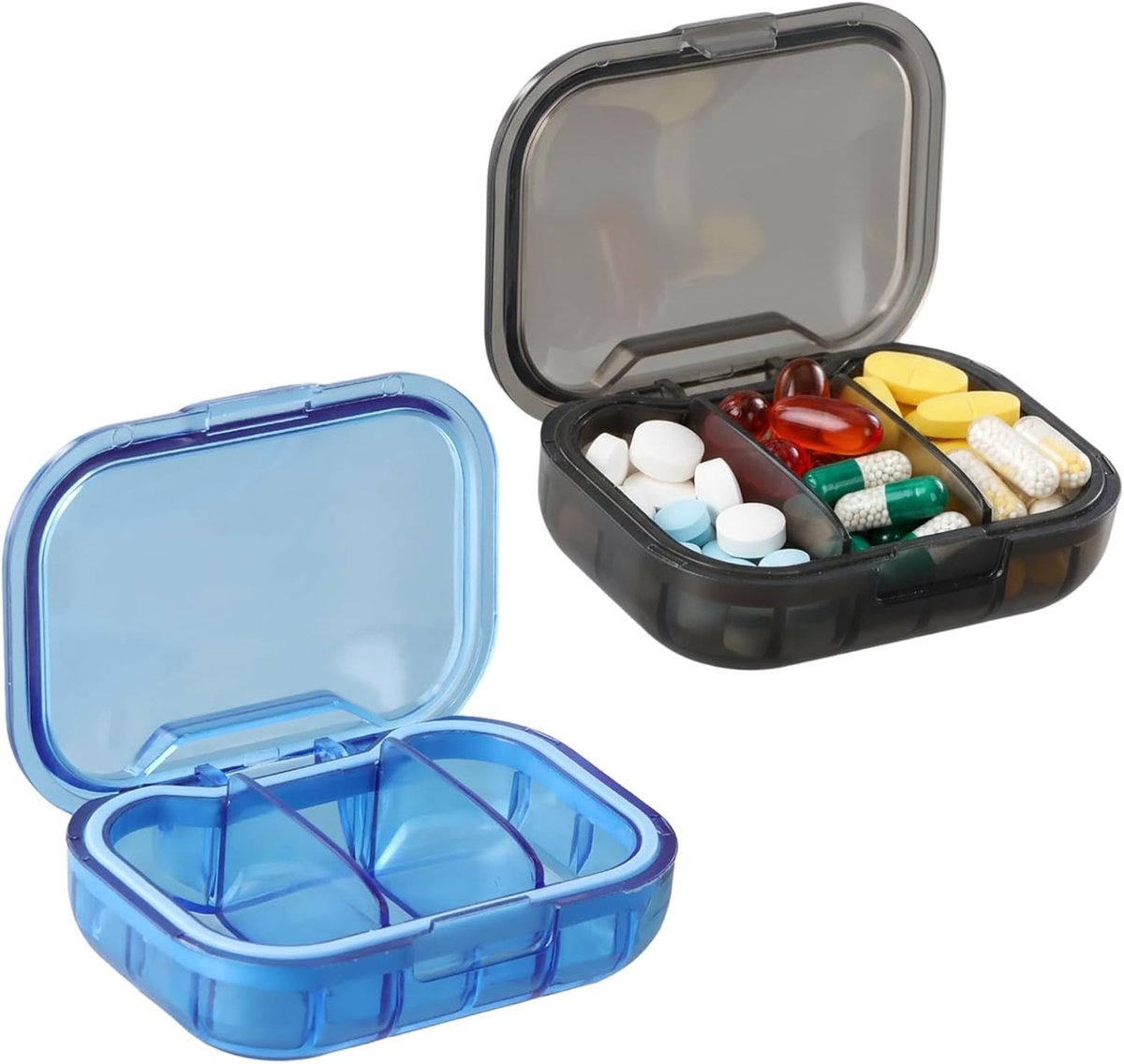 Draagbare pillendoos set van 2, 3 vakken, vochtbestendige reismedicijn-organizer voor vitamines en supplementen, perfect voor onderweg en in handtas