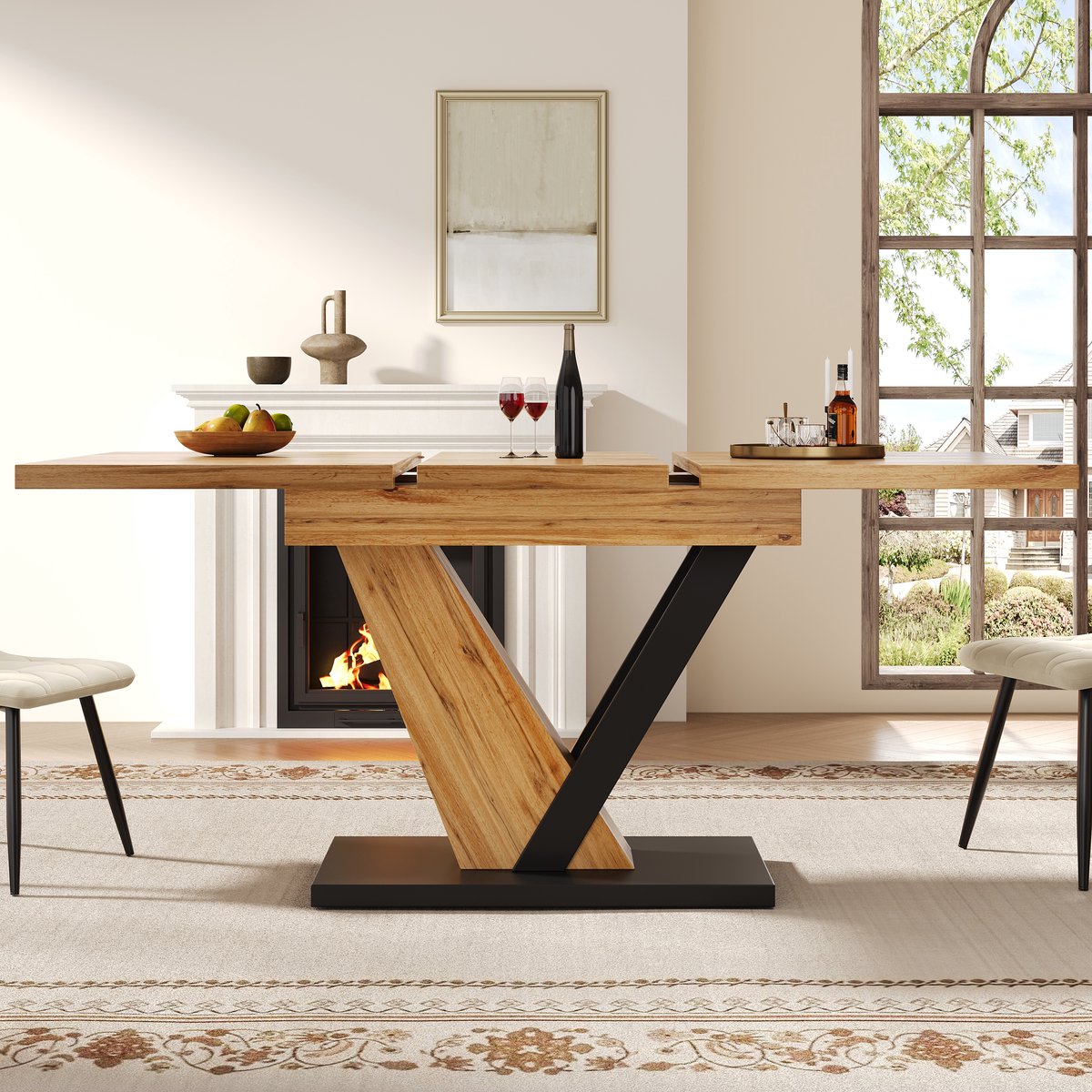 COVREO Uitschuifbare eettafel 120-160 x 75 x 75,5 cm – houtlook MDF, metalen poten, 4-6 personen