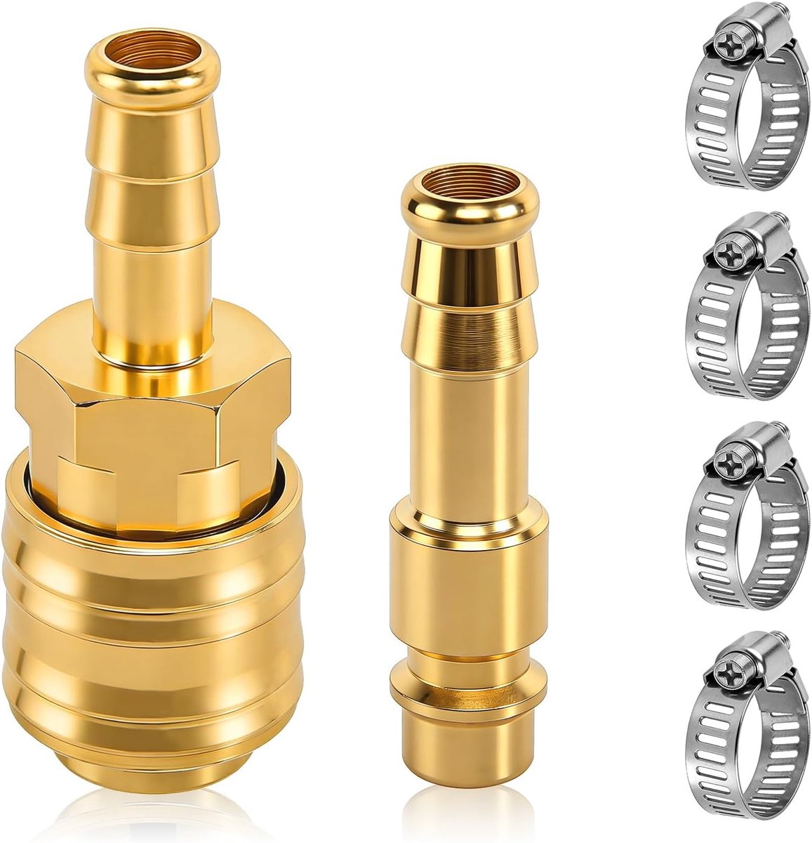 SnelShoppen - Compressed Air Coupling Kit - Messing Schroefverbindingen, 1x Handgreep Snelsluiting met 10 mm Spuit, 4x Slangklemmen voor Luchtleidinge