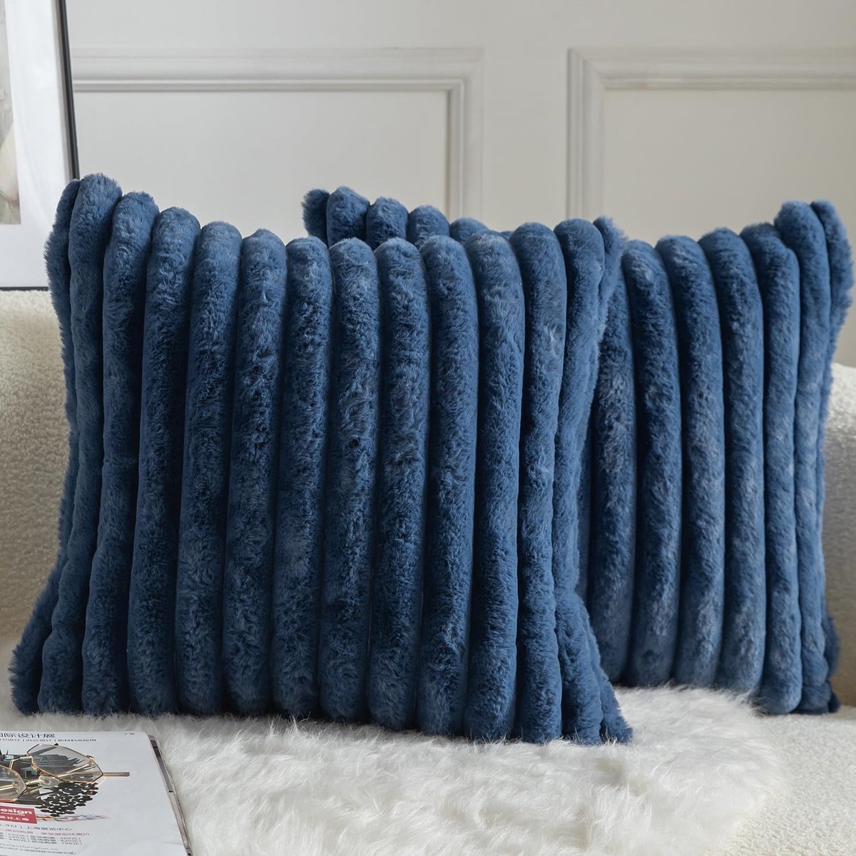 SnelShoppen - Set van 2 Kussenhoezen, Gestreepte Faux Fur, Super Zacht Kussen, Fluffy Moderne Decoratie voor Bank Woonkamer Slaapkamer 55 x 55 cm Blau