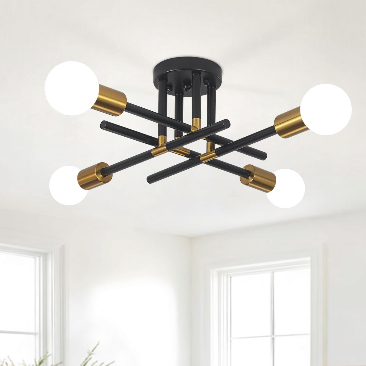 SnelShoppen - Vintage Chandelier 4 Lampen Plafondlamp Zwart en Goud Modern Industrieel Retro Hanglamp Woonkamer Slaapkamer Keuken Eetkamer Hal Entree