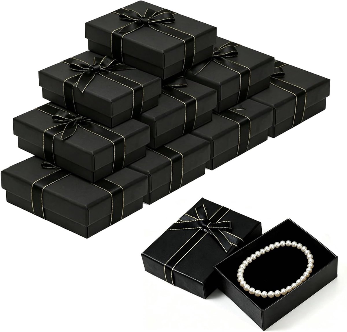 SnelShoppen - 9 stuks zwarte sieradendoos met deksel, klein (7 x 9 x 3 cm), stijlvol geschenkdoosje voor armbanden, halskettingen en oorbellen met str