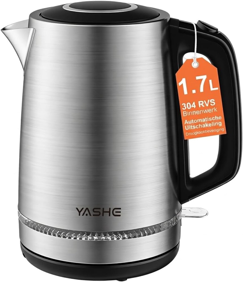 SnelShoppen - RVS Elektrische Waterkoker 1.7L - Snelle Kooktechnologie 2200W - Draadloze Kettle met Automatische Uitschakeling, Droogkookbescherming e