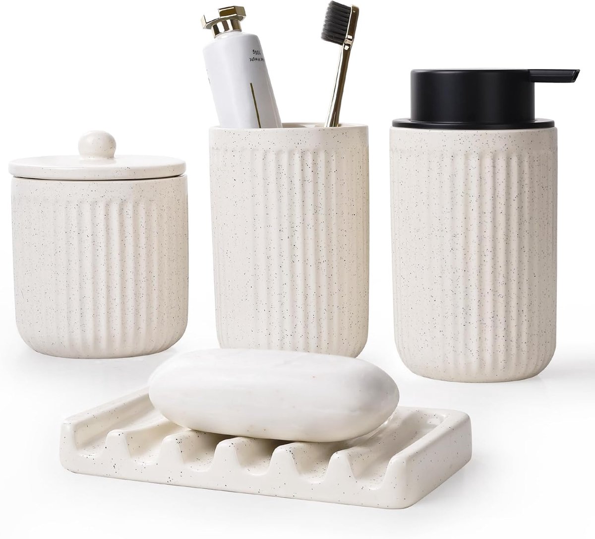 SnelShoppen - 4-delig Badkamer Set Beige Keramiek met Zeepdispenser, Mondbeker, Wattenstaafjeshouder en Zeepbakje - Luxe Badkameraccessoires voor Douc