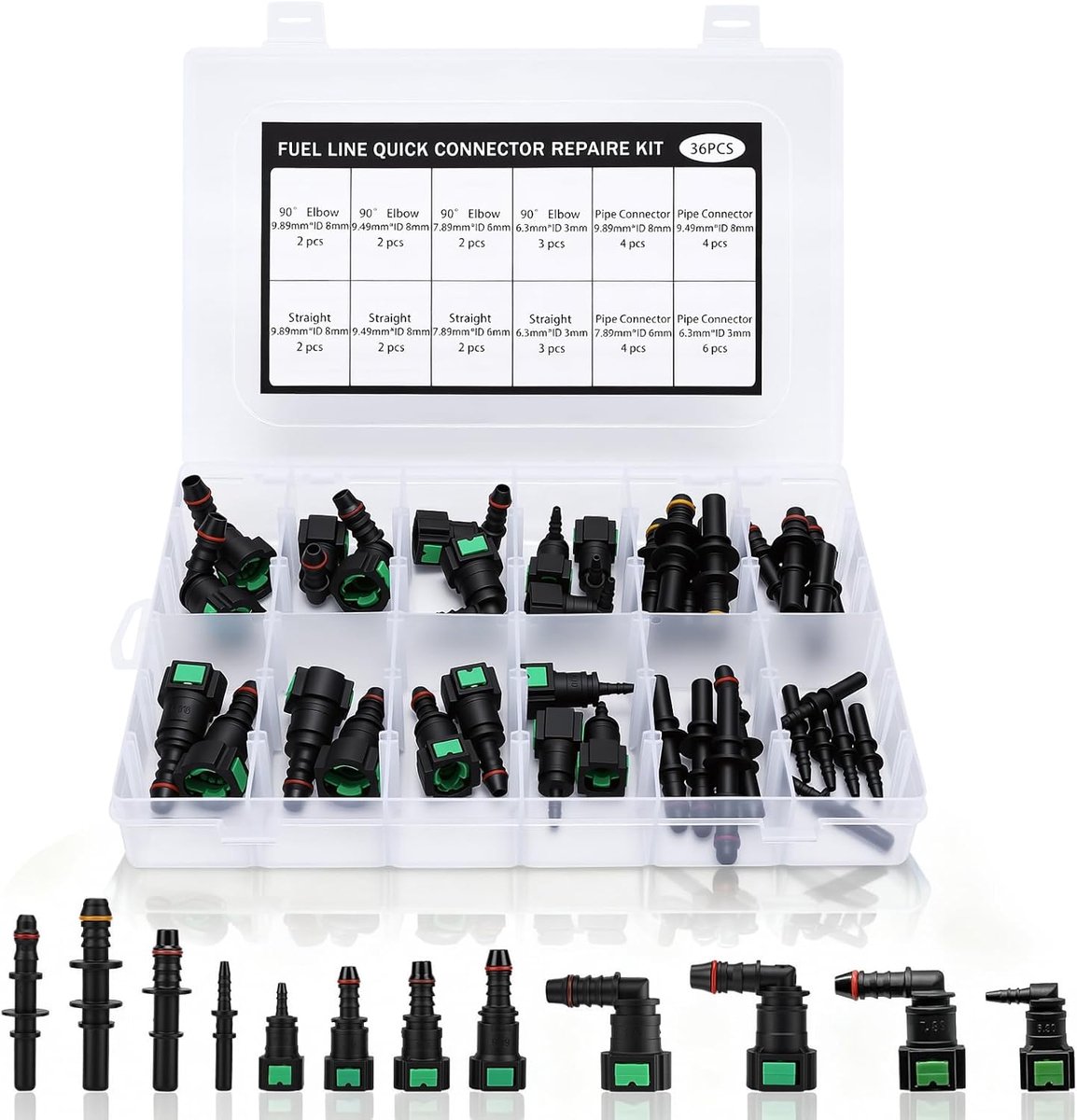 SnelShoppen - 36-delige Brandstofslang Verbinder Set, Snelle Ontkoppelconnector, SAE Maten, Rechtdoor en Gebogen, Voor Auto, Motor, Boot, ID8 mm, ID6
