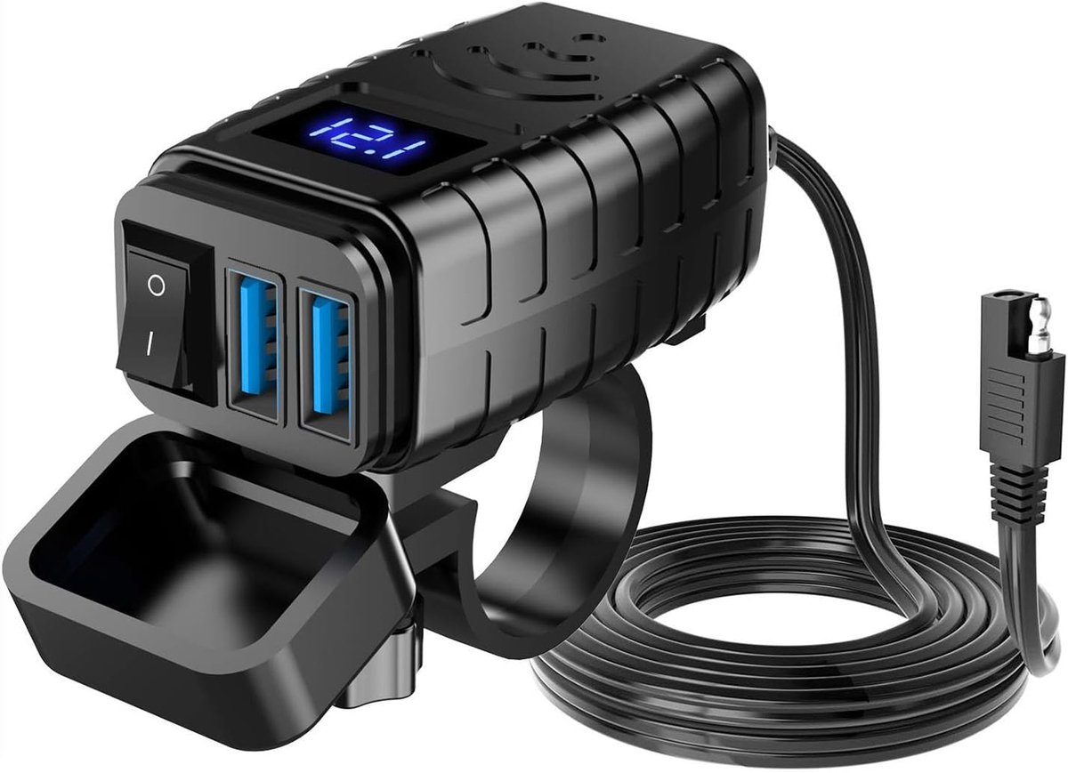 SnelShoppen - Snel Opladen Motor Telefoonoplader 12-24V met Dubbele QC3.0 Poorten, Digitale Voltmeter, Aan/Uit Schakelaar, Snelladen voor Motoren