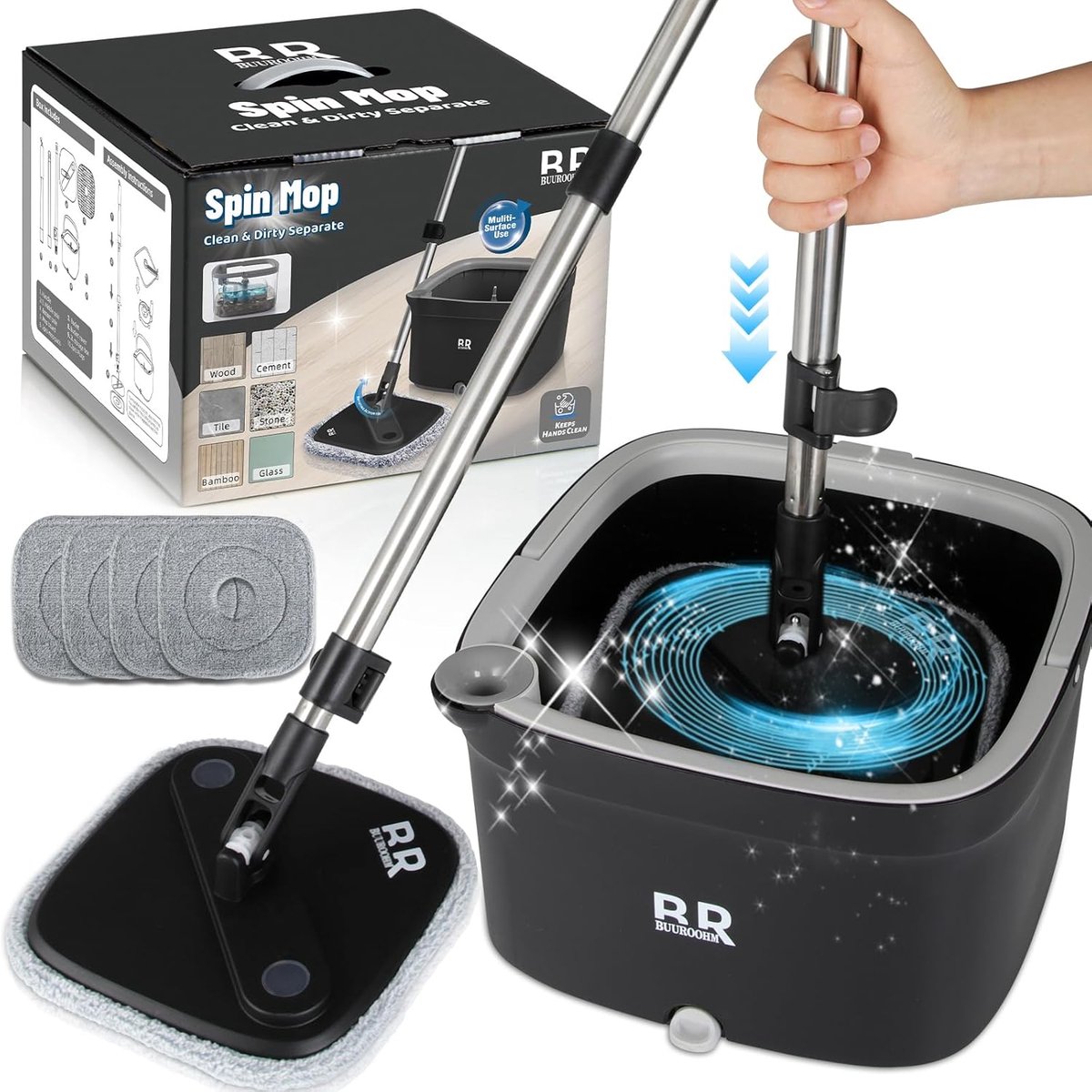 SnelShoppen - Spin Mop Emmer Set met 360° Roterende Dweilkop, Telescopisch Handvat, 4 Microfiber Mop Pads voor Harde Vloeren, Thuis Schoonmaken
