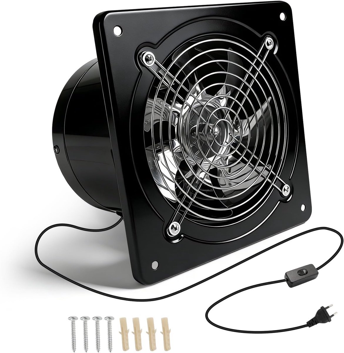 SnelShoppen - Afvoerventilator 150 mm, 600 m³/u, Stil met Schakelaar en Stekker, Terugslagklep, 40 W, Industriële Wandventilator voor Badkamer, Keuken
