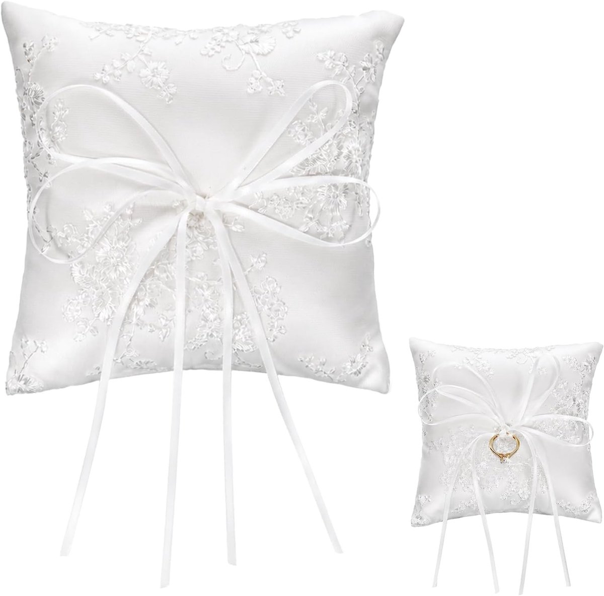 Elegante ringhouder voor bruiloft, 15 cm x 14 cm ringkussen met satijnen lint, ideaal voor trouwringen en aanzoek accessoires