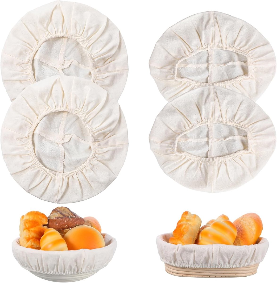 4 stuks katoenen hoezen voor proofing manden, ideaal voor zuurdesem brood bakken, 2 ronde en 2 ovale varianten (gebroken wit)