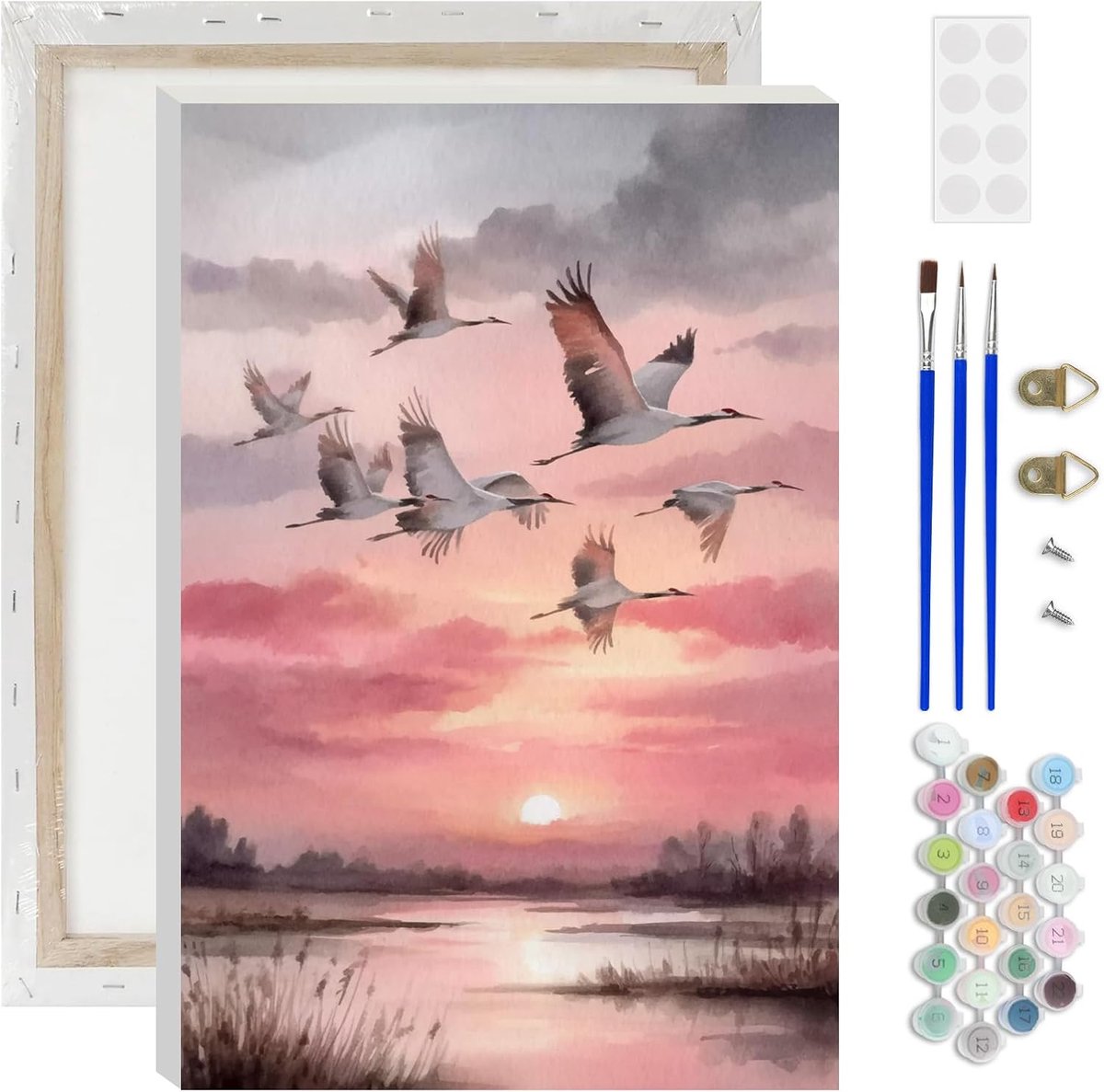 SnelShoppen - Vliegende Kraan Schilderen op Nummer voor Volwassenen - Hemel bij Zonsondergang - Doe-Het-Zelf Acrylschilderset - Inclusief 3 Penselen -