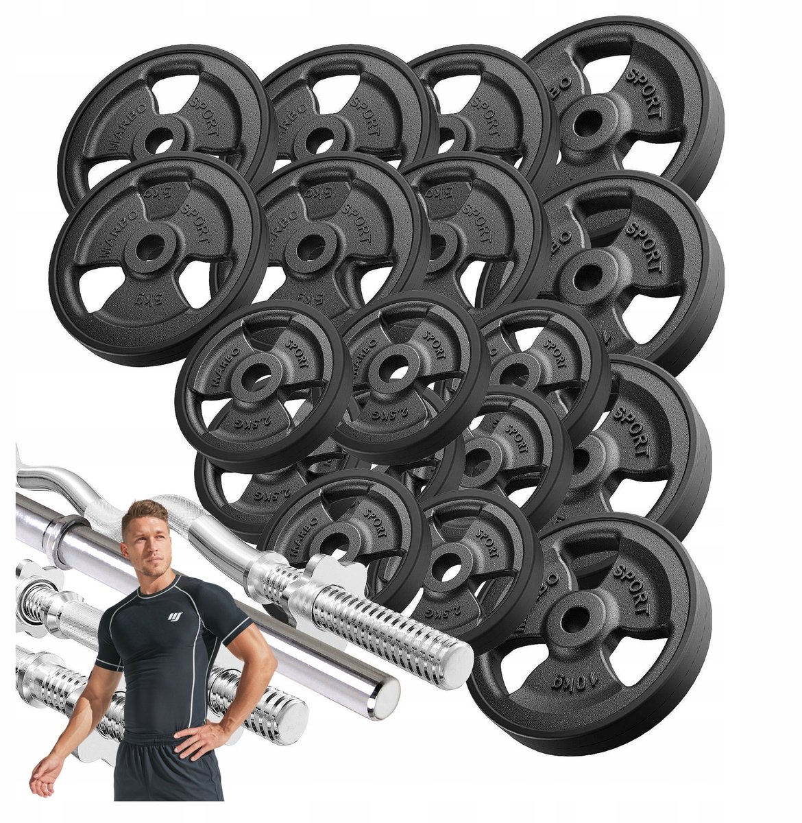 Marbo Sport - Halterset 113 kg - 4 stangen en 90 kg rubberen schijven - 30 mm
