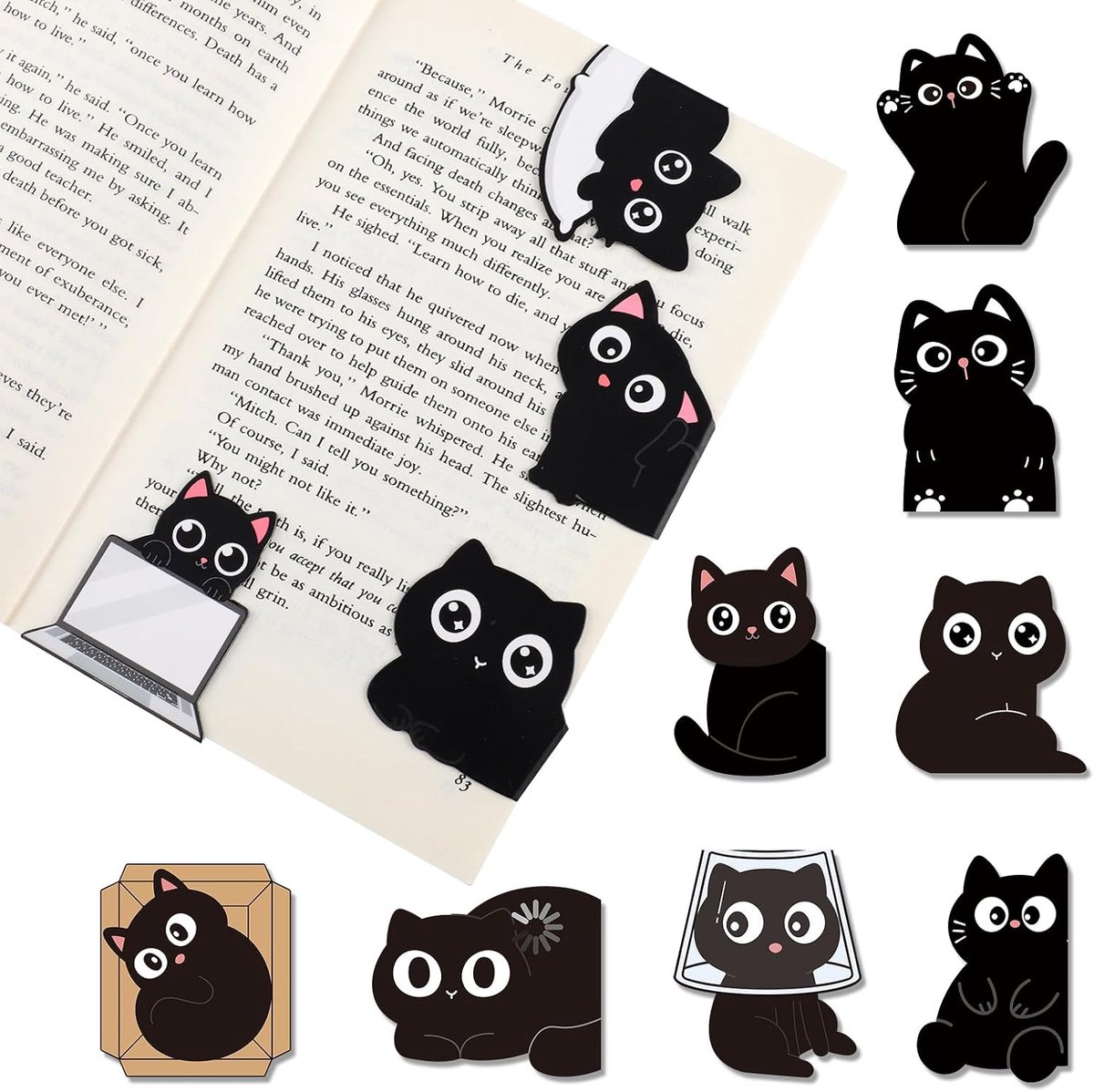 SnelShoppen - 12 Stuks Magnetische Bladwijzers voor Kinderen, Zwarte Katten Motieven, Perfecte Cadeaus voor Kinderverjaardag, School, Lezers en Katten