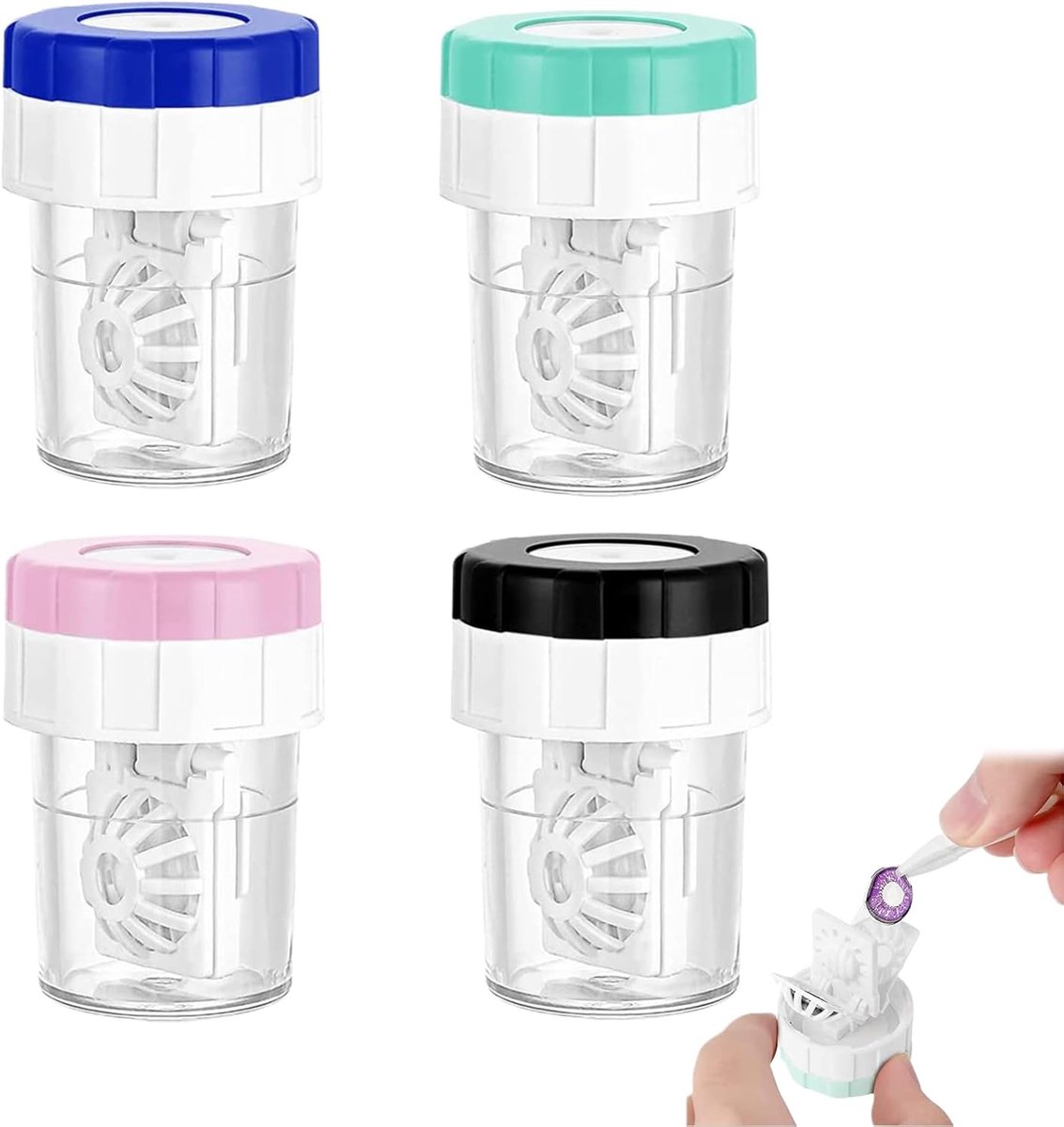 SnelShoppen - Handmatige Contactlenzenreiniger met 4 Kleurige Contactlenzenhouders - Draagbare Rotatie Reinigingscontainer voor Veilig en Duurzaam Geb