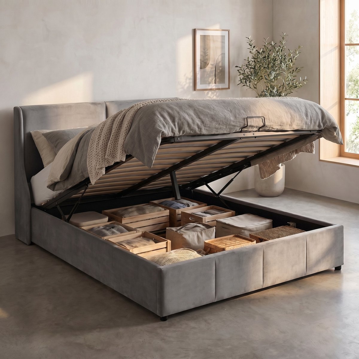 Gestoffeerd Opbergbed - Tweepersoonsbed 140x190 cm - Bed met opbergruimte hydraulisch en lattenbodem - Fluwelen bed - Modern - Grijs