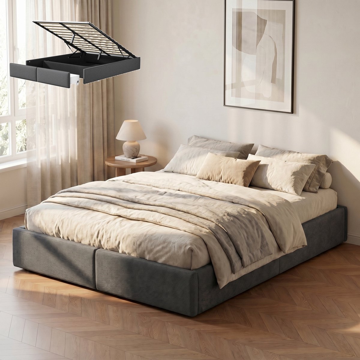 Gestoffeerd Opbergbed 140x200 cm linnen - Tweepersoonsbed met 2 lades - hydraulische opbergruimte - zonder hoofdbord - Grijs