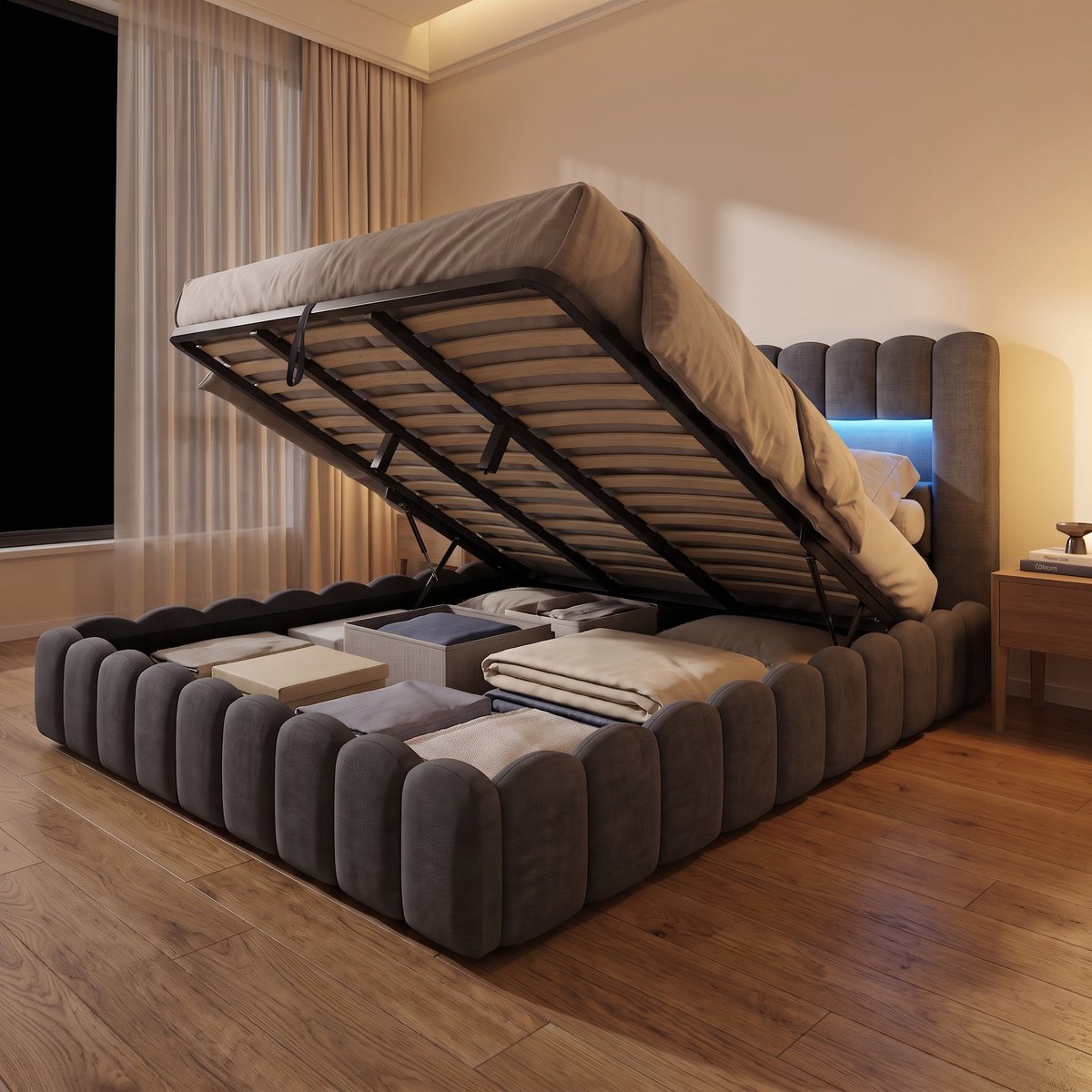 Gestoffeerd Opbergbed 180x200 cm - King Size Tweepersoonsbed met LED en USB - Hydraulische opbergruimte - Linnen - Modern - Donkergrijs