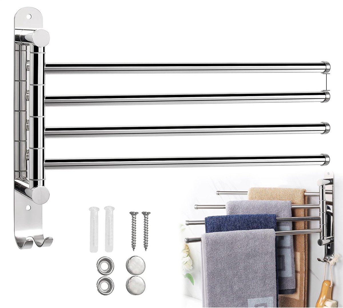 Vierarmig handdoekrek - met haken - Handdoekrek voor de badkamer - Draagvermogen 10 kg - 180° draaibaar - Opklapbaar badkamerrek - Ophangstang voor gezichtshanddoeken - Ophangrek voor toilethanddoeken - Zilver