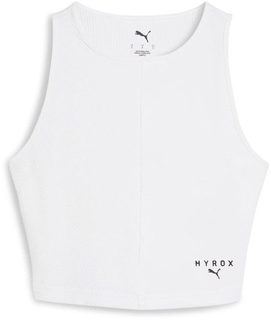 Débardeur court côtelé blanc à col haut, logo PUMA et texte HYROX