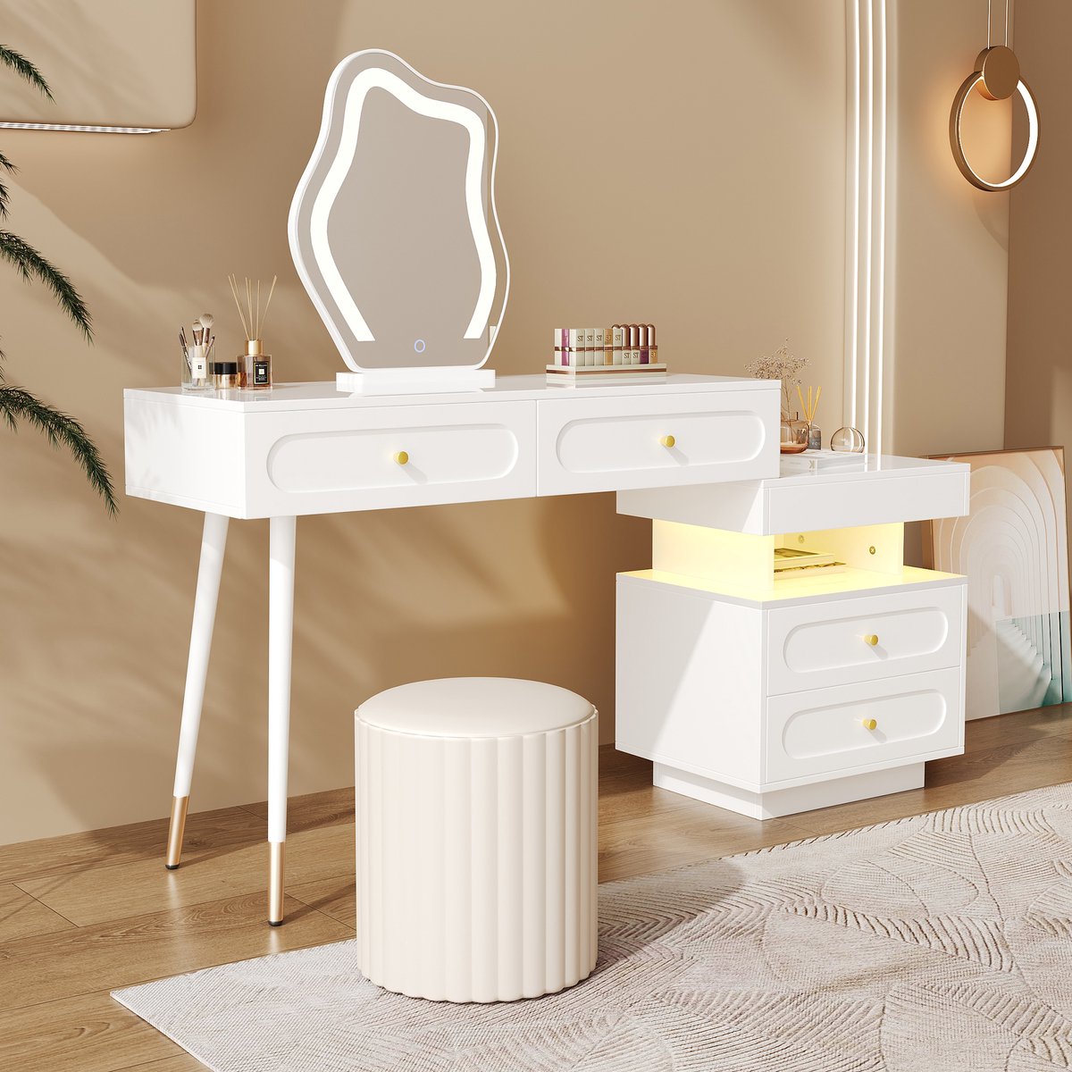 COVREO Kaptafel 140x40x130 cm – wit, met LED-spiegel, 4 lades en open opbergvak
