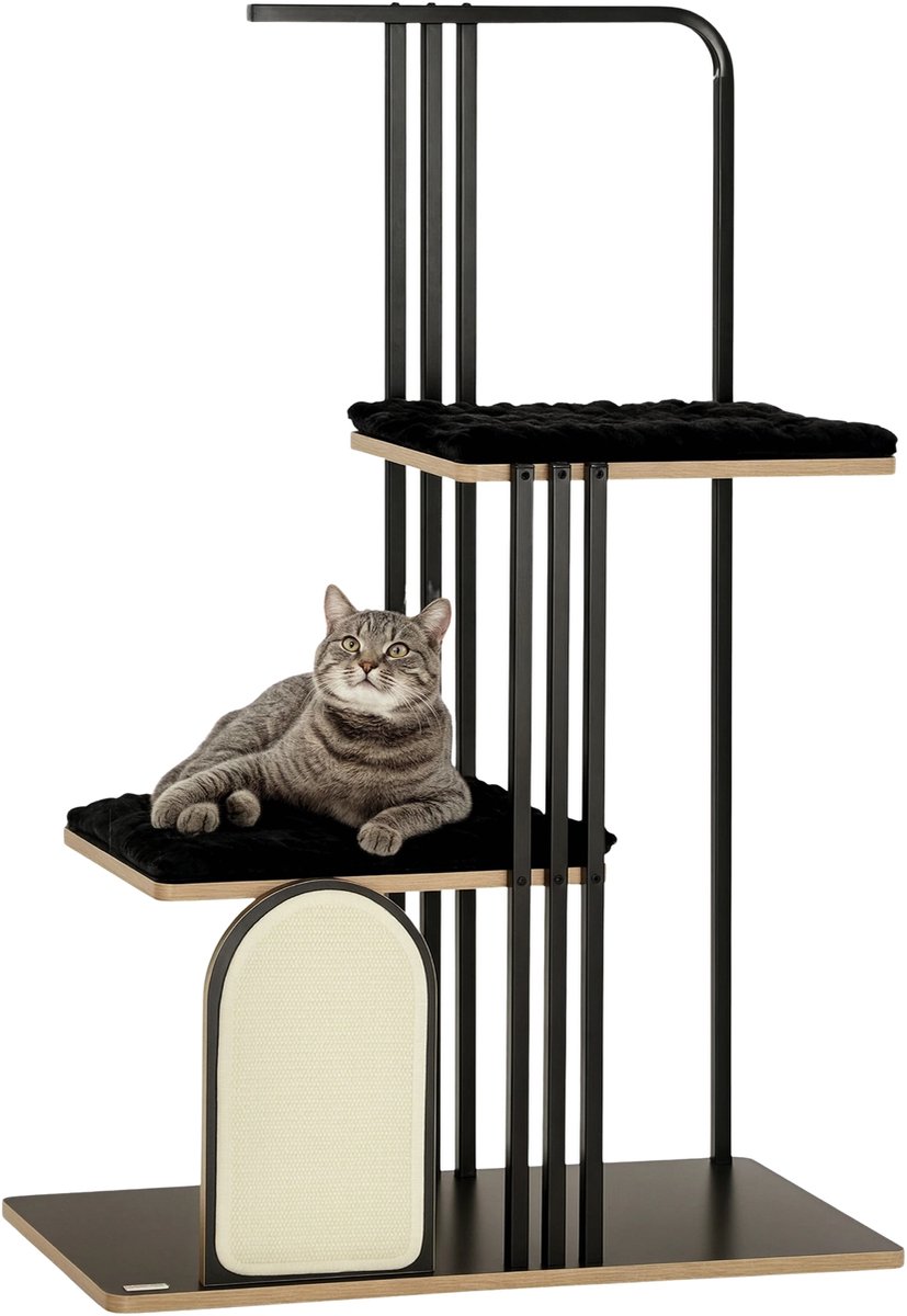 Krabpaal 128 cm – Kattenboom met Kussen, Krabplank & Stalen Frame – Zwart