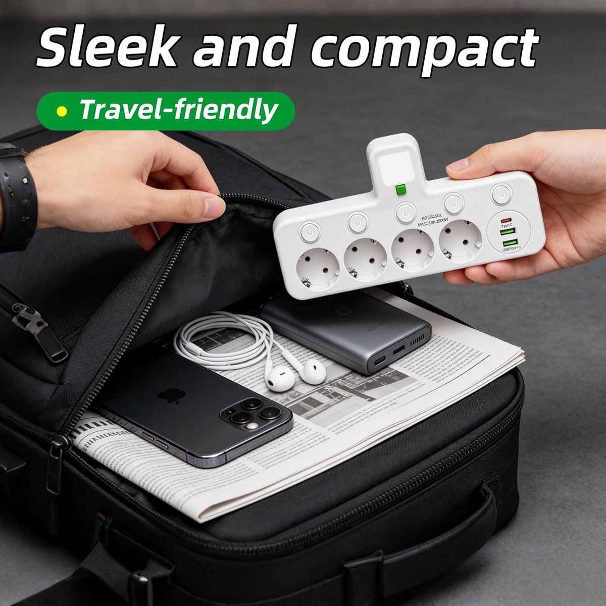 SnelShoppen - Draadloze Stekkerdoos met USB-Nachtlampje, Multifunctioneel Meervoudig Stopcontact met 4 Stopcontacten, 1 Type C en 2 USB-poorten, Perfe