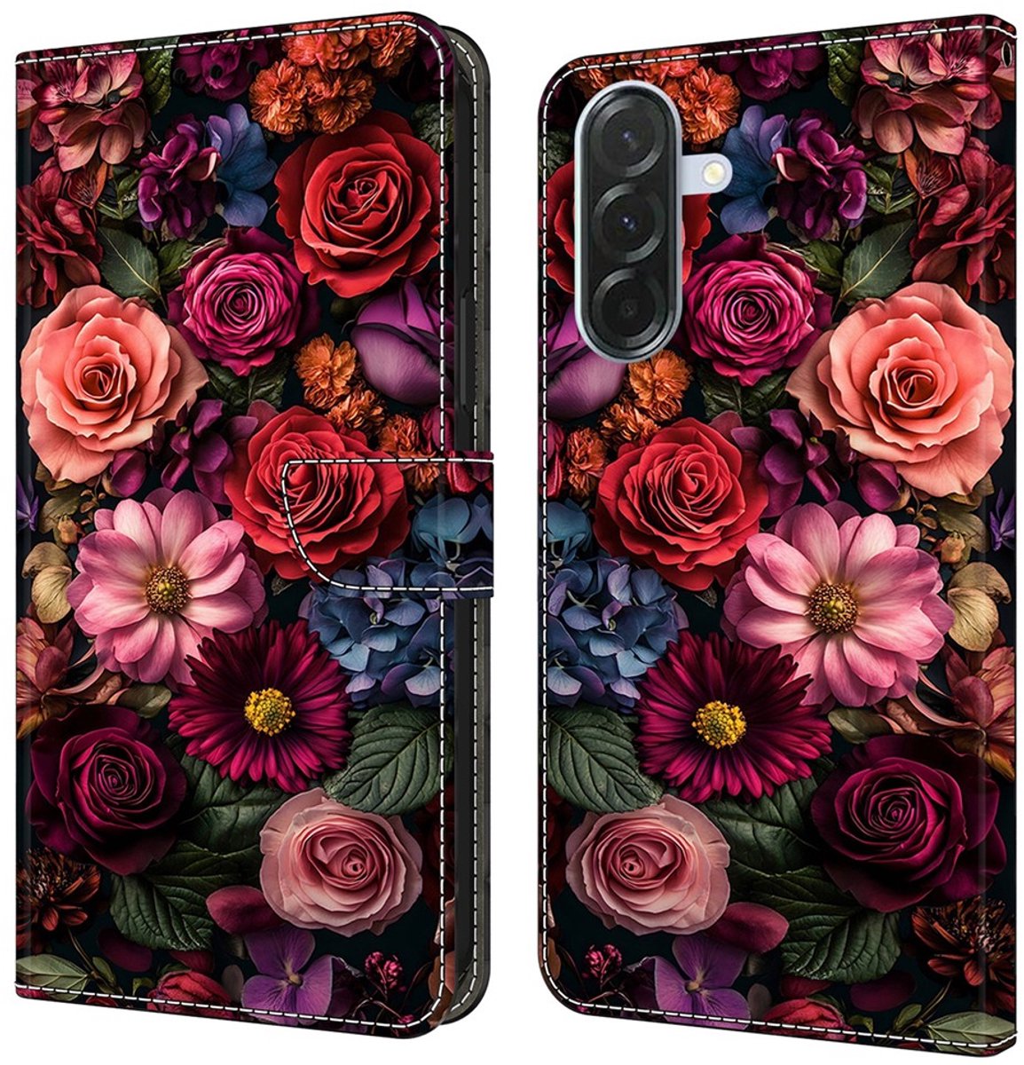 Roze rood bloemen rozen - book case hoesje - telefoonhoesje geschikt voor Samsung Galaxy A27 / A37 / A36 / A56