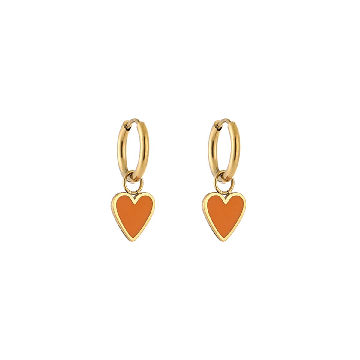 Stainless Steel Minimalistische Hart Bedel Oorringen met Emaille – Trendy Hoops – RVS - Oranje