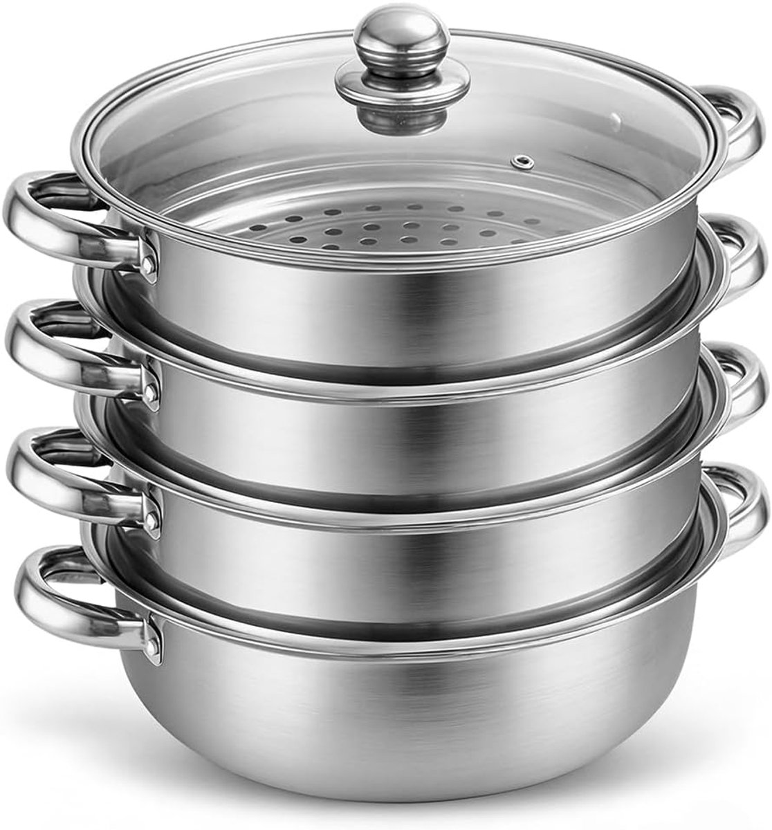 SnelShoppen - 4-laags Stoomkoker 28 cm RVS met Glazen Deksel - Stoominzet voor Inductie en Gasfornuis - Ideaal voor Groenten, Vis, Mantou en Rijst