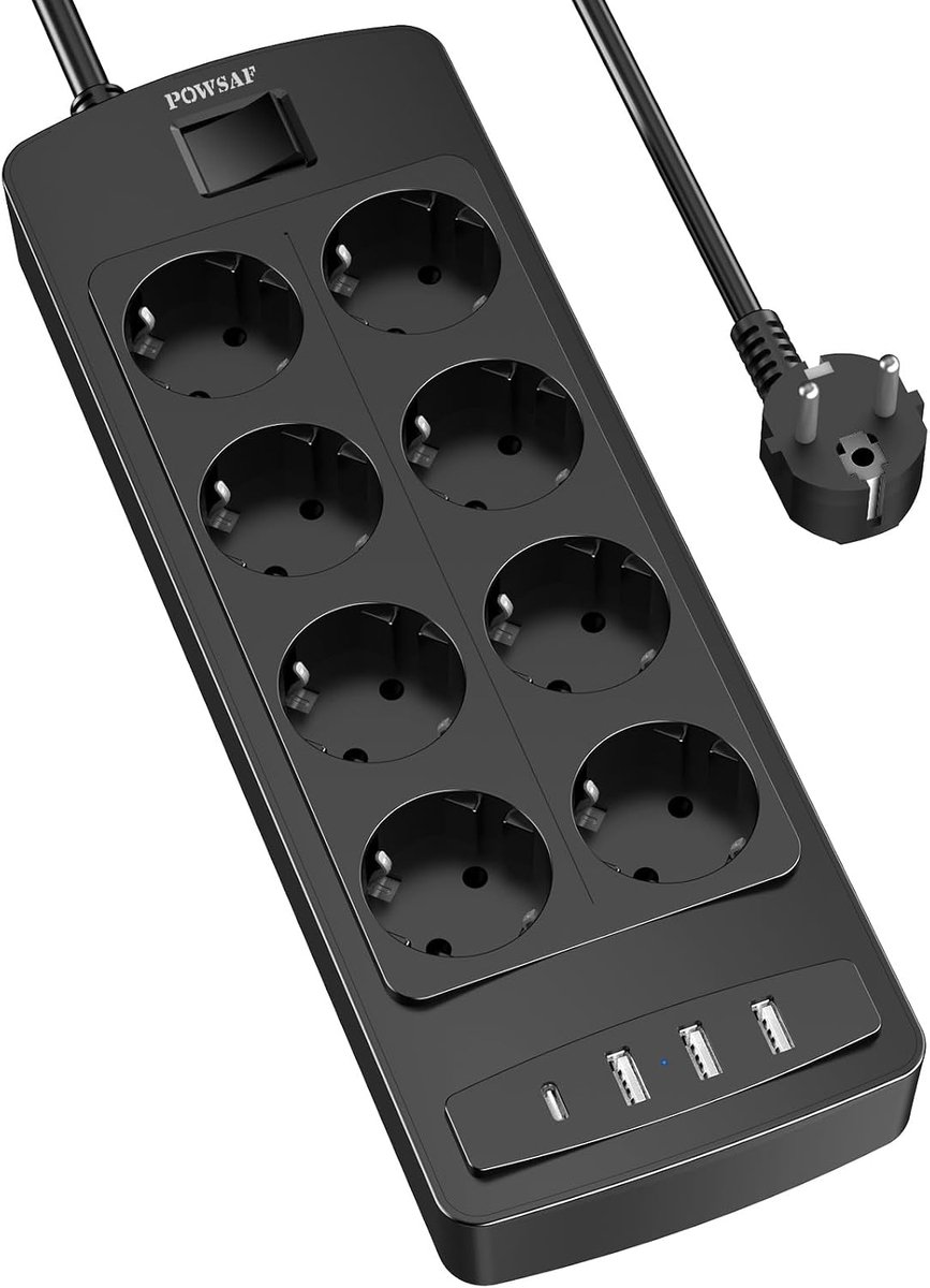 SnelShoppen - 8-Weg Power Strip met 4 USB Poorten, Schakelaar, Meerdere Stopcontacten, USB C, Zwart, Ideaal voor Thuis en Kantoor