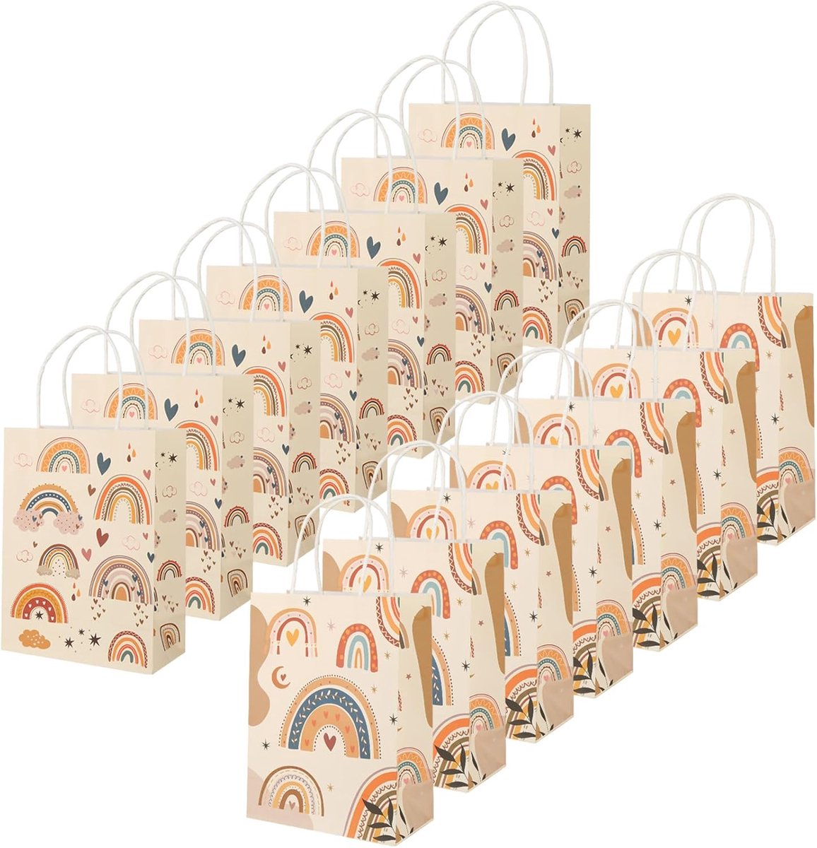 SnelShoppen - 14 Stuks Kleurige Cadeauzakken - Boho Papieren Tassen met Handvat - Kinderverjaardag, Bruiloft, Doop - 21x16x8 cm