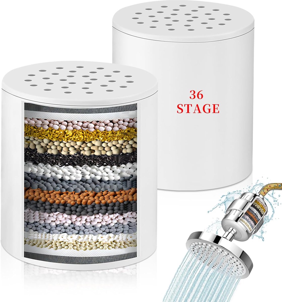 SnelShoppen - 36 Stage Douchefilter Vervangcartridges, 2-Pack Universele Hard Water Purifier, Verwijdert Chloor, Zware Metalen en Sedimenten, Ideaal v