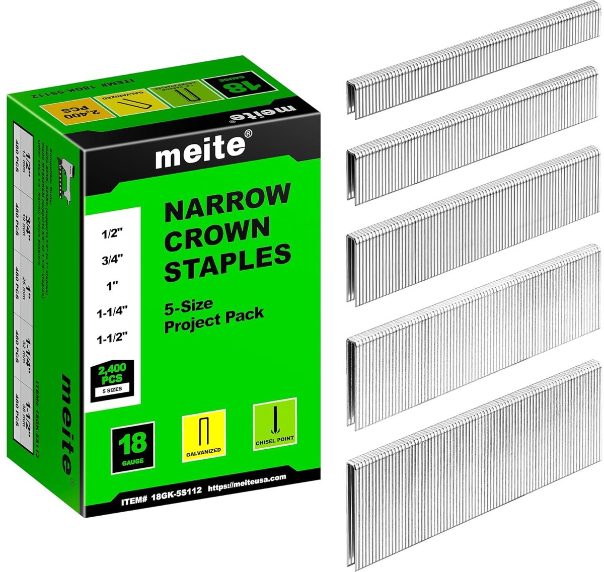 SnelShoppen - 18 Gauge Staples Assortiment 5 Maten (6mm, 19mm, 25mm, 32mm, 38mm) - Heavy Duty Galvanized Tackerstapes - 2400 Stuks voor Meubelstofferi