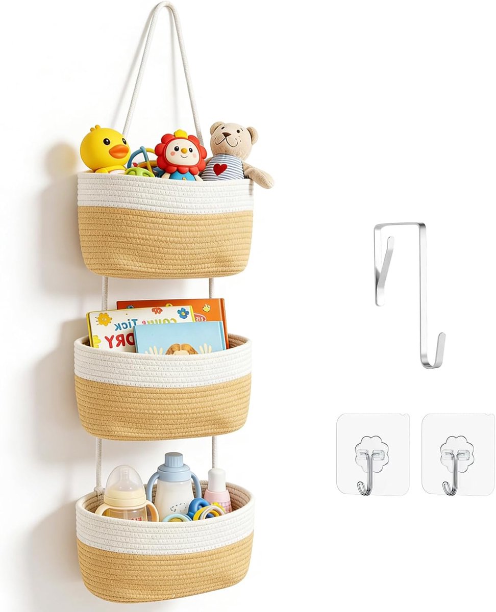 SnelShoppen - Hangende Organizer met Haken - Wandophangtas voor Woonkamer, Slaapkamer, Badkamer - Geweven Katoenen Touw in Geel-Wit - 3 Etages, 110 cm