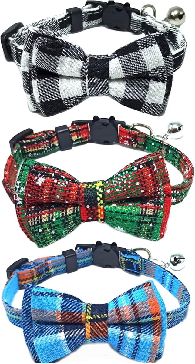 SnelShoppen - 3 Pack Kerstmis Halsbanden met Bel en Strik, Snelle Ontgrendeling, Veilig en Zacht voor Katten en Kittens, 100% Katoen, Verstelbaar, 18-