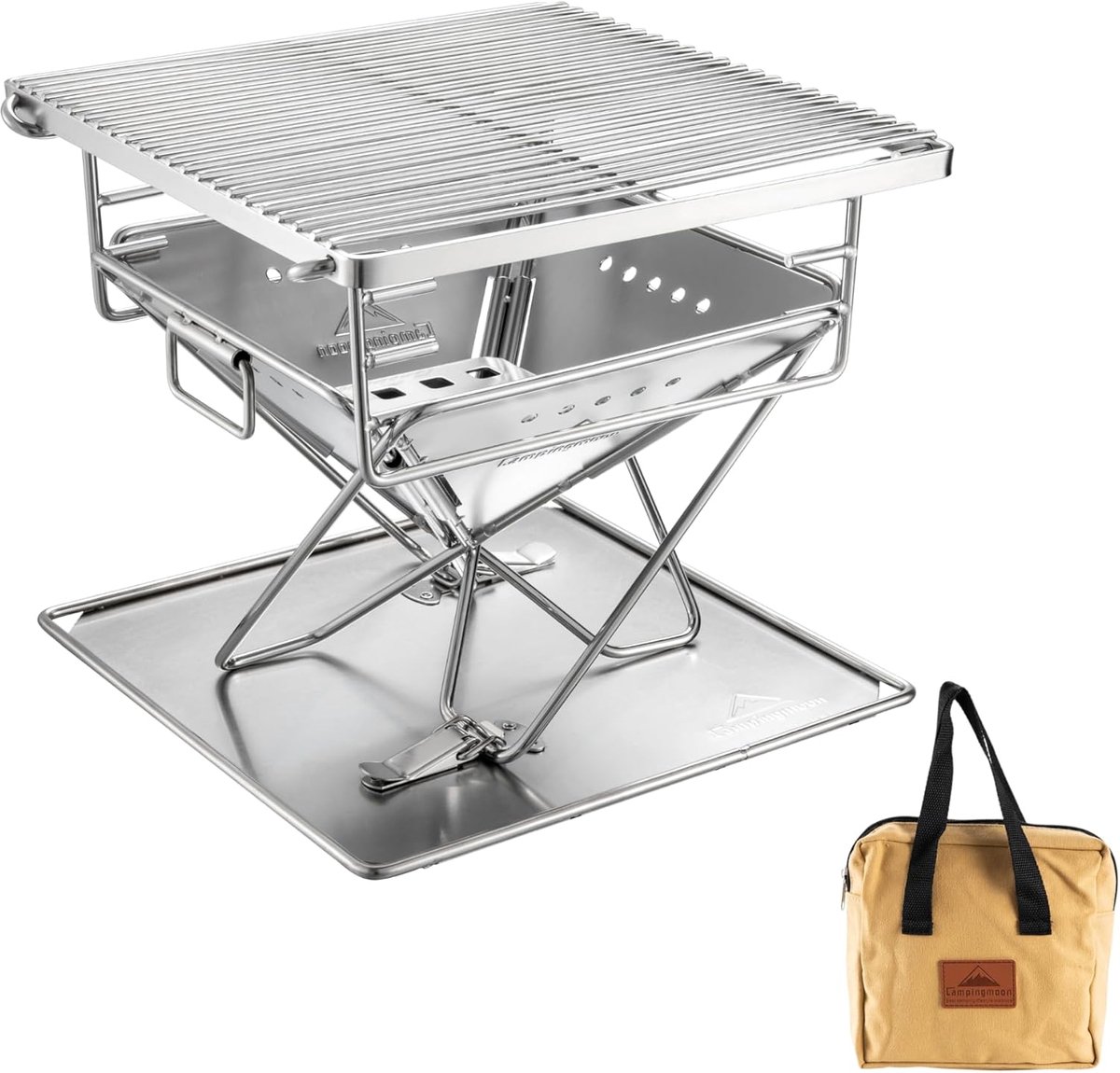 SnelShoppen - 3-in-1 Draagbare RVS Houten Grill en Vuurschaal 24.5cm met Draagtas voor Camping, Tuin en Buiten koken