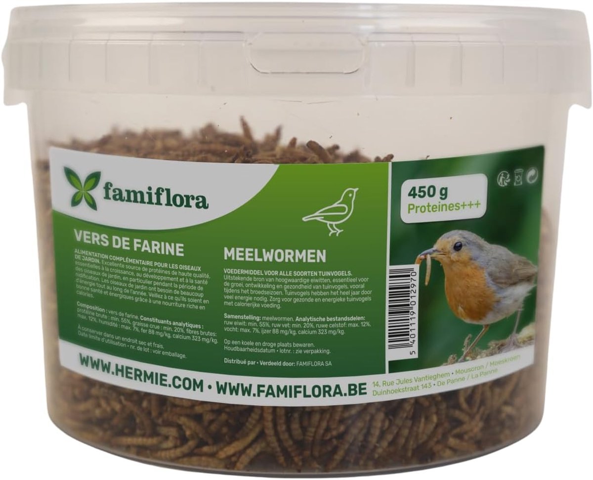 SnelShoppen - Dried Mealworms 450g - Resealable Bucket - Voor Tuinvogels - Rijk aan Eiwitten voor Gezonde Groei - Energiek Voer voor Breeding Season -