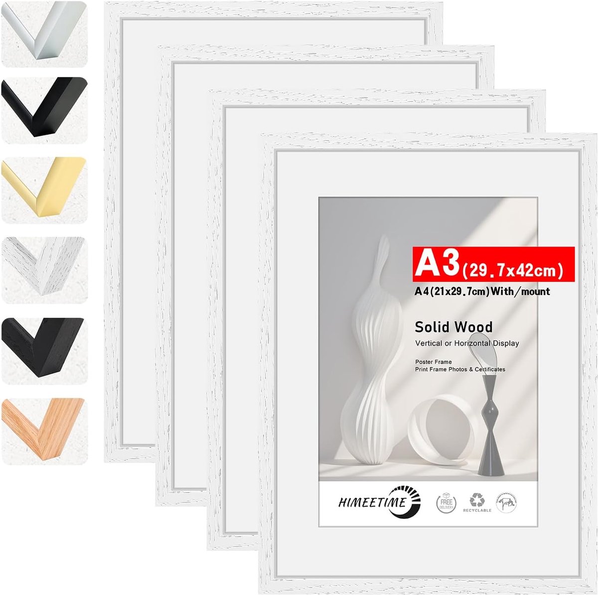 SnelShoppen - 4 x A3 Fotolijsten 30 x 42 cm Zwart Houten Lijsten van Massief Hout voor Wanddecoratie en Tafeldecoratie met Passe-Partout voor 10 x 15